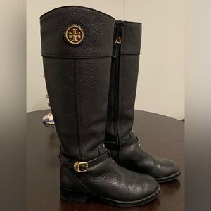 Tory Burch Black Leather Boots with Gold Emblem